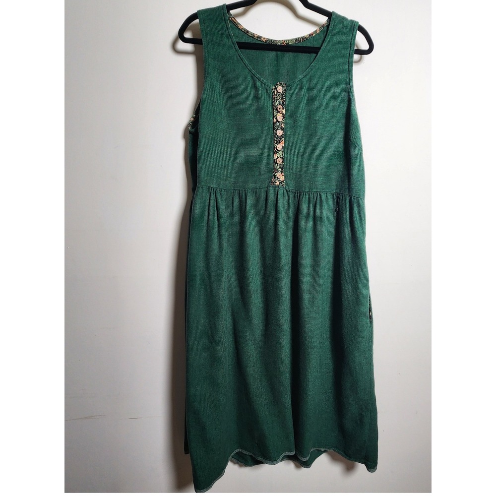 Vtg Homemade Green Jumper Dress Lrg Knee‎ Length Contrasting Pockets Boho Garden